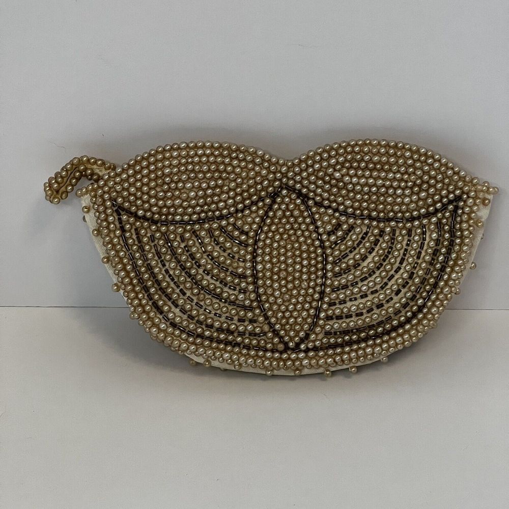 VTG David's Cream Beaded clutch purse with‎ zipper 1950's Japan